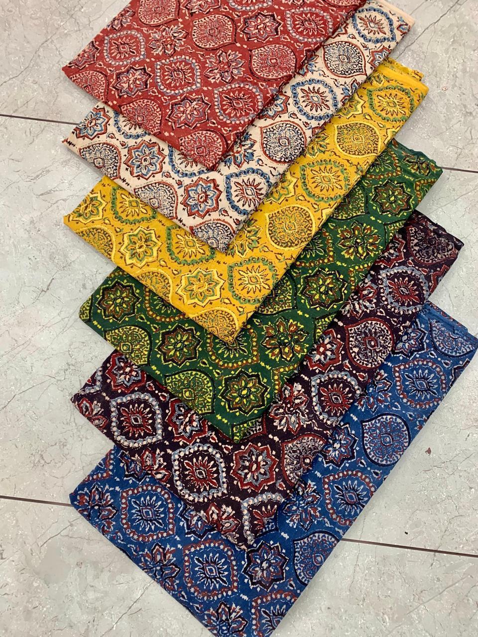 Ajrakh pure cotton handblock printed fabric in indigo with multicolour geometric pattern